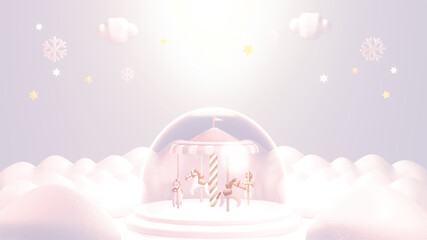 Beautiful winter carousel crystal ball in the snow. 3d rendering picture.