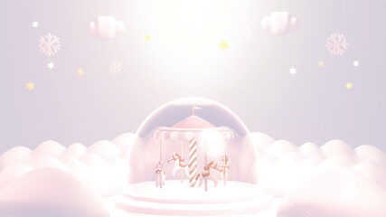 Beautiful winter carousel crystal ball in the snow. 3d rendering picture. © tykcartoon
