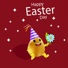 Easter greeting card with a greeting inscription. Baby egg emoji is sitting with a flower in his hand. Golden Easter egg.
