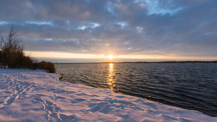 Sunset at the Cospudener Lake in Winter