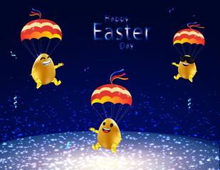 Easter greeting card with a greeting inscription. Kids egg emoji parachutes fly to the ground. Golden Easter eggs. Emojis. Space background.