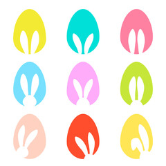 Bunny ears and Easters eggs shapes silhouette - traditional symbol of holiday, big colorful set. Happy Easter design elements. Simple vector illustration for poster, card or banner. Icons collection - 414879066