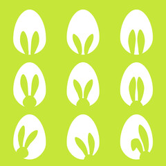 Bunny ears and Easters eggs shapes silhouette - traditional symbol of holiday, big set. Happy Easter design elements. Simple vector illustration for poster, card or banner. Icons collection