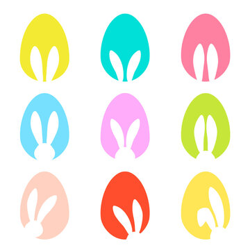 Bunny ears and Easters eggs shapes silhouette - traditional symbol of holiday, big colorful set. Happy Easter design elements. Simple vector illustration for poster, card or banner. Icons collection