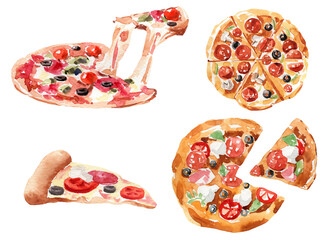 Watercolor illustration set of delicious pizzas with olives, mushrooms and tomatoes