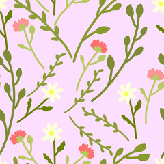 Vector seamless pattern with flowers on a pink background.