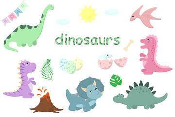 Set of cute dinosaurs. Vector illustration.