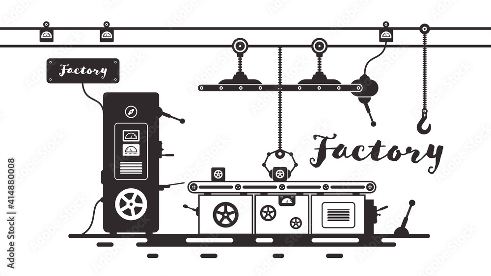 Poster retro factory - automated production line - machinery vector background