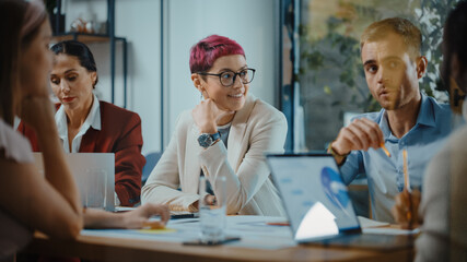 Office Meeting in Conference Room: Beautiful Specialist with Short Pink Hair Talks about Firm...