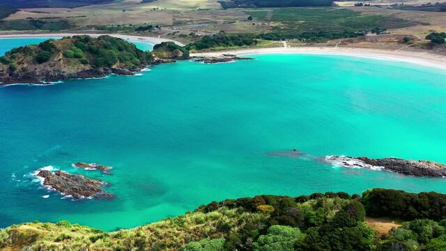 Aerial View Of Maitai Bay Beach, Karikari Peninsula, Waikato Bay, And Blue Sea In New Zealand.