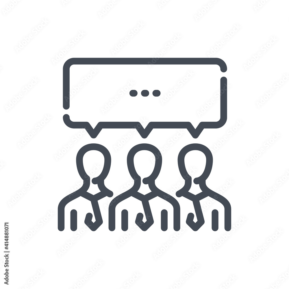 Poster general discussion and brainstorming line icon. team conversation vector outline sign.