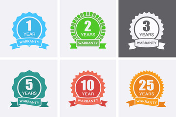 1, 2, 3, 5, 10 and 25 years Warranty Icons. Guarantee Medal. - 414881403