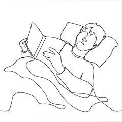 man lies in bed and reads a paper book - one line drawing. Bedtime reading concept, reading traditional hard copy books