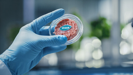 Close up Shot of a Lab-Grown Cultured Vegan Meat Sample Held by the Scientist in Blue Glove....