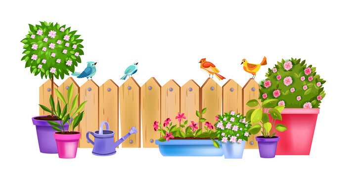 Flower pot vector spring garden concept with blooming house plants, blossom rose, tree, bushes, watering can. Summer village isolated illustration, plank fence, birds. Flower pot outdoor green clipart