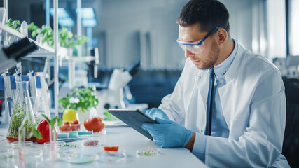 Male Microbiologist is Using Digital Tablet Computer. Medical Scientist Working on Plant-Based Beef Substitute for Vegetarians in a Modern Food Science Laboratory.