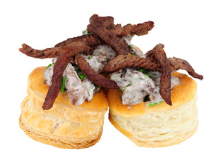 Beef puff pastry vol au vents with with soured cream and chives filling isolated on a white background