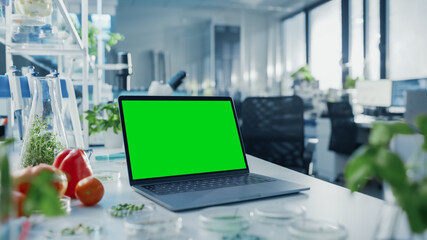 Laptop Computer with Green Screen Mock Up Display on a Table in Scientific Environment. Bright Modern Food Laboratory with Technological Equipment.