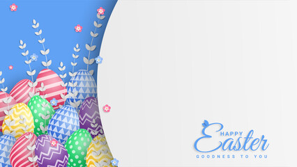 Happy easter paper cut web template or greeting card illustration of cutout eggs shape and nature decoration. Layered 3D spring season holiday background.