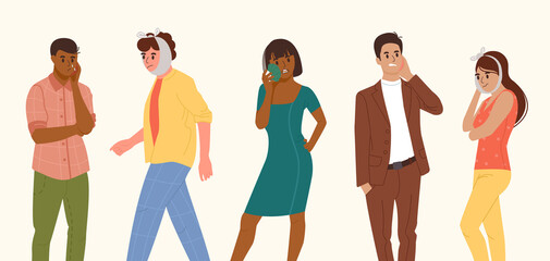 Obraz premium Set of different people with toothache. Sad patients suffer, cry from dental problem. Cartoon vector illustration isolated on white background.