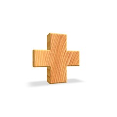 3D symbol (+) medical Or plus icon with wood texture
