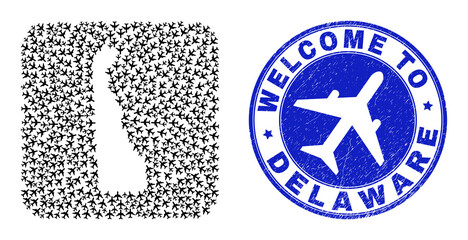 Vector collage Delaware State map of air shipping items and grunge Welcome stamp. Mosaic geographic Delaware State map designed as hole from rounded square shape with aeroplanes.