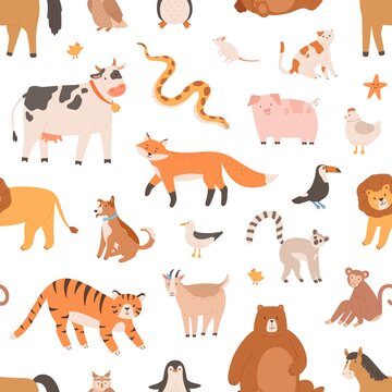 Seamless pattern design with cute baby animals on white background. Endless repeatable texture with monkey, tiger, bear and fox. Childish decoration for printing. Colored flat vector illustration