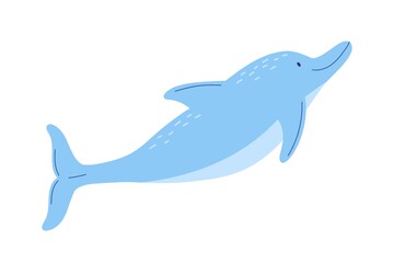 Fototapeta premium Adorable blue dolphin isolated on white background. Side view of cute friendly fish. Childish character. Colored flat cartoon vector illustration