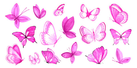 Large watercolor set of pink butterflies for invitations, design