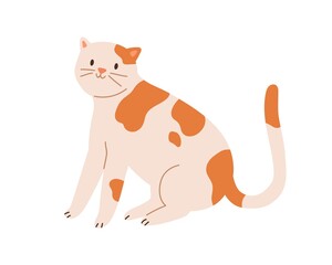 Cute spotted cat sitting with raised tail. Funny kitten with friendly smile isolated on white background. Colored flat cartoon vector illustration