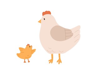 Side view of cute hen and yellow chicken isolated on white background. Mom listen to funny baby bird flapping its wings. Colored flat vector illustration