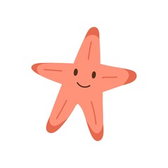 Obraz premium Cute smiling starfish isolated on white background. Happy underwater animal with eyes and mouth. Childish character. Colored flat cartoon vector illustration