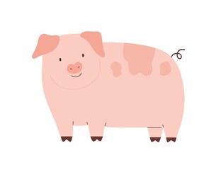 Happy funny pig isolated on white background. Cute pink piglet with hooked tail. Childish colored flat cartoon vector illustration
