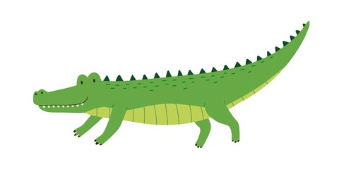 Fototapeta premium Cute friendly green crocodile with raised tail. Side view of happy smiling alligator isolated on white background. African wild gator. Childish colored flat cartoon vector illustration