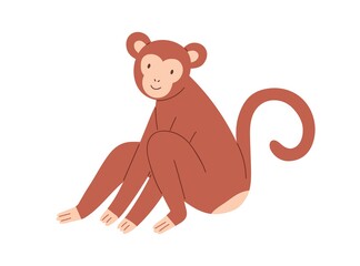 Cute brown baby monkey sitting and smiling. Childish funny animal character with friendly face and curved tail. Colored flat cartoon vector illustration isolated on white background