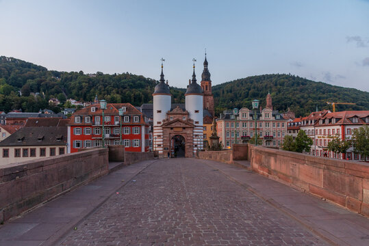 Sunrise view of the old bridge gate in Heidelberg, Germany