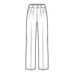 Pants tailored technical fashion illustration with low waist, rise, slant slashed flap pockets, double pleat, belt loops. Flat casual bottom trousers front, white color. Women men unisex CAD mockup