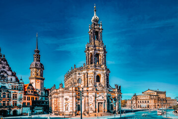 Naklejka premium DRESDEN, GERMANY-SEPTEMBER 08, 2015 : Theatre Square (Theaterplatz) in the historic center of Dresden,to the right-Katholische Hofkirche. Center of the Old Town.Saxony, Germany.