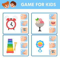 Game for children to develop logic. Five senses illustrations. Sight, hear, smell, taste, touch. Match of sense organs and objects.Activity for pre school years kids and toddlers.