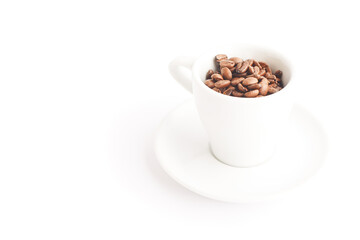 Empty cup of coffee on white background with coffee beans.