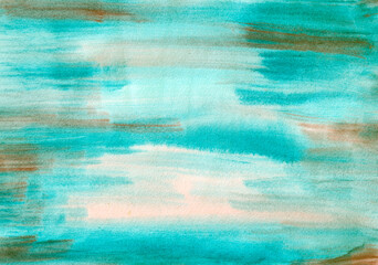 The background is painted with watercolors, the abstract composition is made with broad brush strokes of a blue-turquoise shade.