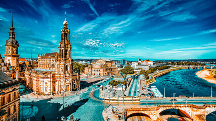 Old Town and of Katholische Hofkirche,Opera Semperoper, Dresden, Germany. Fly view.