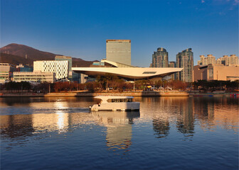 Naklejka premium Aerial View of Haeundae River Cruise, Busan, South korea, Asia