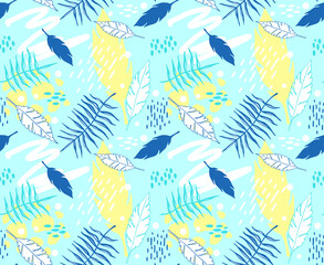 Trending and trendy seamless pattern with hand drawn doodles, feathers, exotic tree leaves. Lines and spots. Pastel colors in vector background