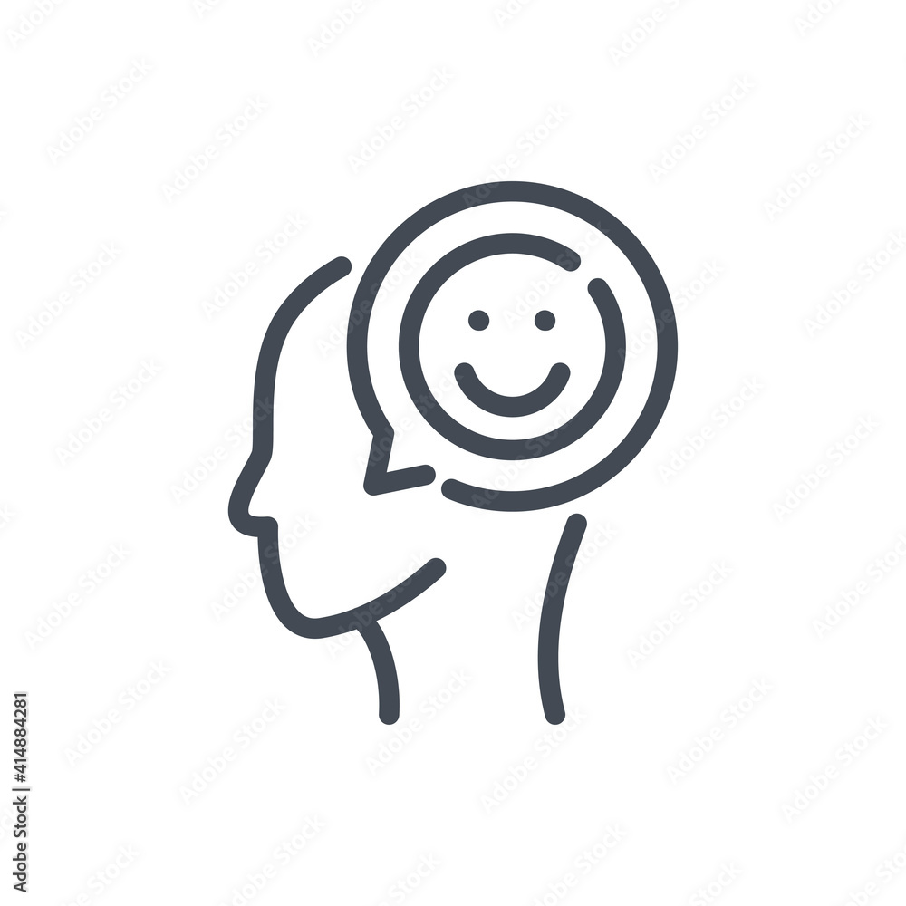 Poster positive feedback line icon. head with chat message and happy face vector outline sign.