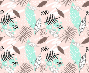 Trending and trendy seamless pattern with hand drawn doodles, feathers, exotic tree leaves. Lines and spots. Pastel colors in vector background