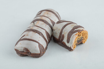 Delicious chocolate bars on a white background