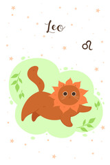 Cat Leo in cartoon style. Postcard with zodiac sign. Vector graphics.