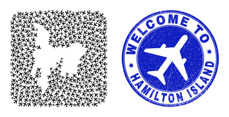 Vector collage Hamilton Island map of air shipping elements and grunge Welcome badge. Collage geographic Hamilton Island map constructed as subtraction from rounded square shape using aeroplanes.