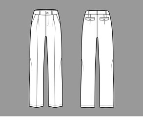 Pants tailored technical fashion illustration with low waist, rise, slant slashed flap pockets, single pleat, belt loops. Flat casual bottom trousers front, back, white color. Women unisex CAD mockup